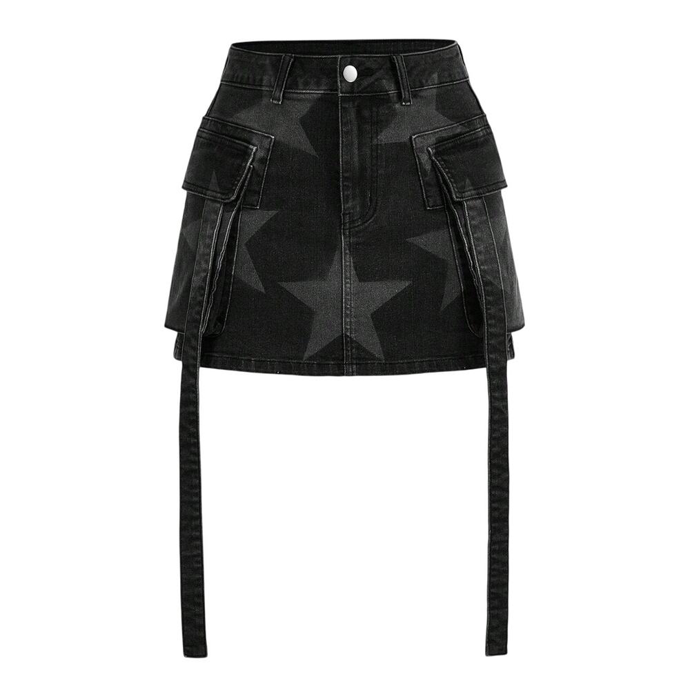 Women's Star Pattern Denim Skirt in Black, Size XS